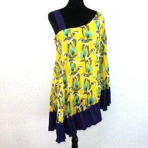 Ryu: Yellow/purple floral pleats one shoulder top, with double layers